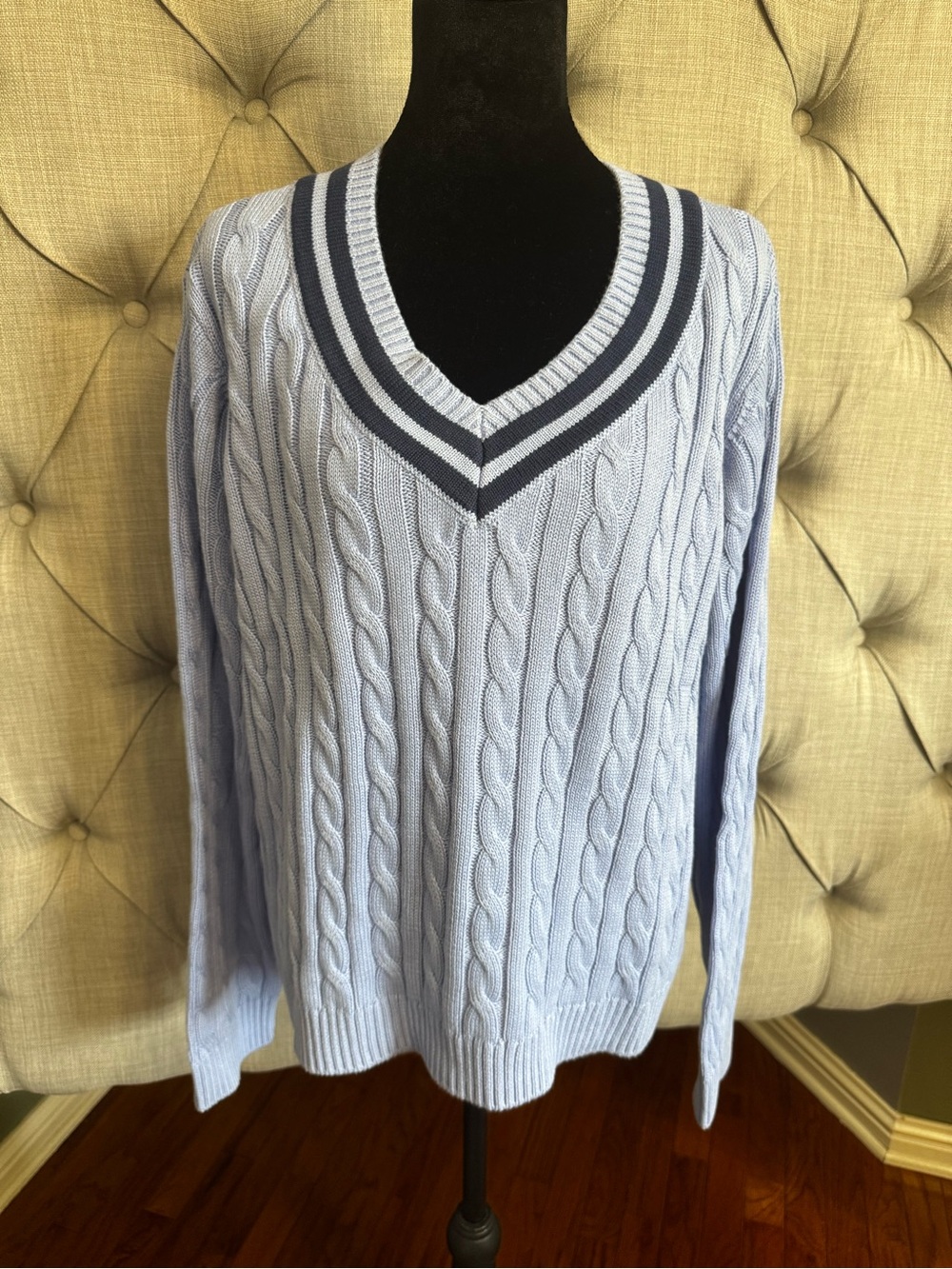 Lands' End Light Blue Cable Knit V-Neck Sweater with Navy Stripe